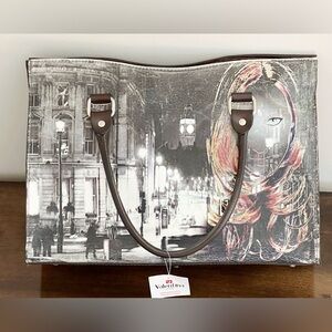 Valentia Brown Leather Tote With City Scape & Women’s Face Print